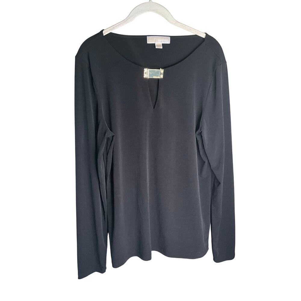 Micheal Kors Long Sleeve Top Gold Logo Buckle Keyhole Neck Black Womens Large
